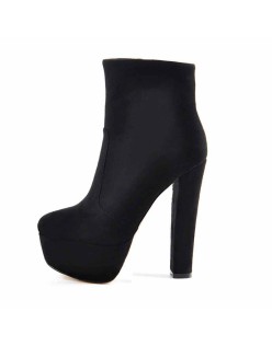 Black and Red Suede Platform Round Toe Chunky Heel Elastic Ankle Boots