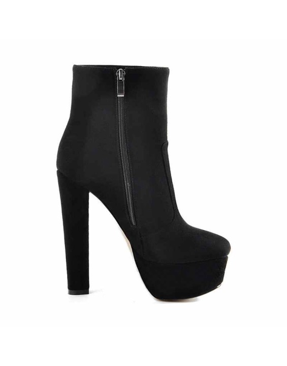 Black and Red Suede Platform Round Toe Chunky Heel Elastic Ankle Boots