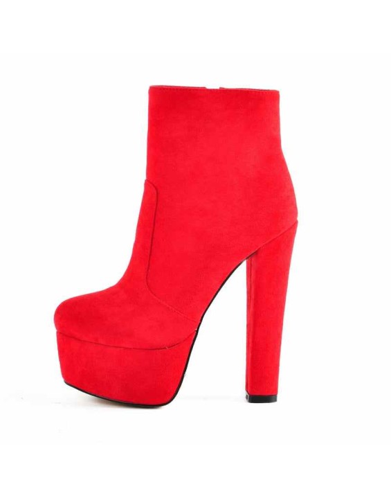 Black and Red Suede Platform Round Toe Chunky Heel Elastic Ankle Boots