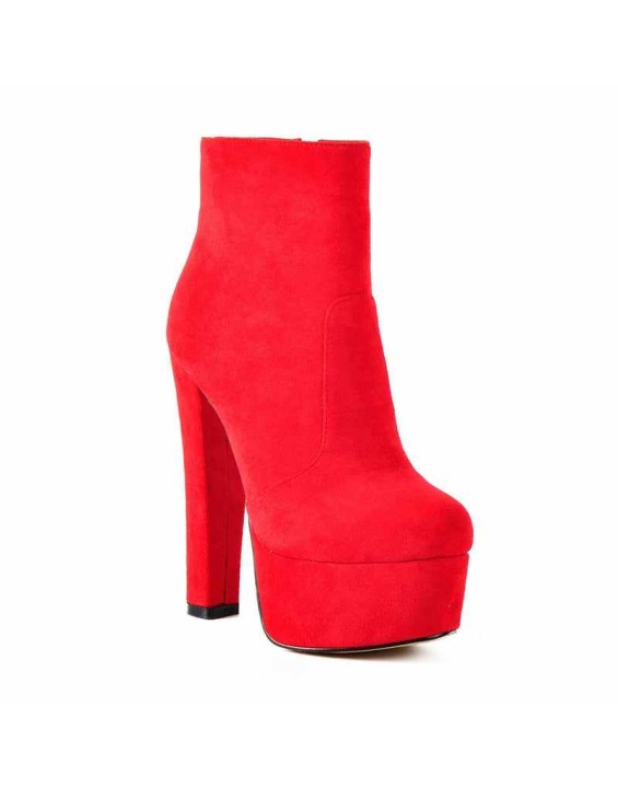 Black and Red Suede Platform Round Toe Chunky Heel Elastic Ankle Boots