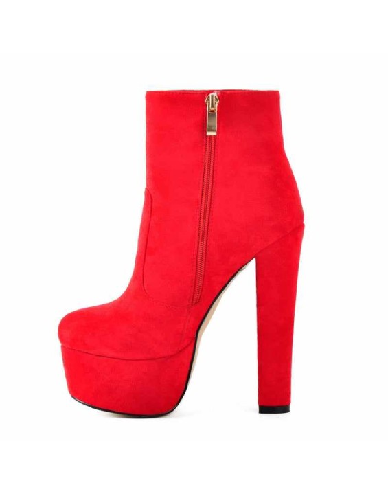 Black and Red Suede Platform Round Toe Chunky Heel Elastic Ankle Boots