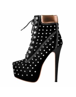 Black Suede Round Toe Rivet Lace-up Ankle Boots