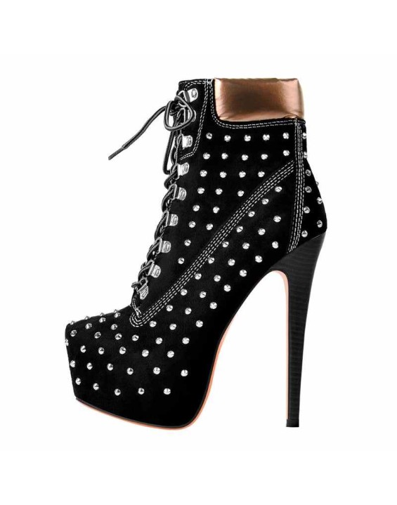 Black Suede Round Toe Rivet Lace-up Ankle Boots