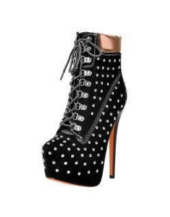 Black Suede Round Toe Rivet Lace-up Ankle Boots