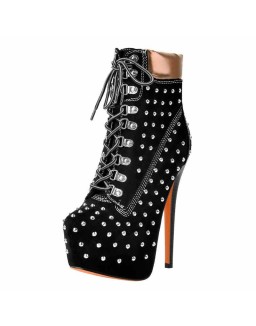 Black Suede Round Toe Rivet Lace-up Ankle Boots