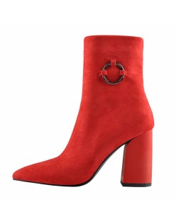 Red Suede Zip Chunky Frosted High Heels Boots