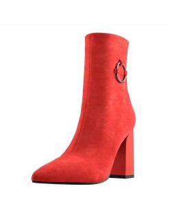 Red Suede Zip Chunky Frosted High Heels Boots