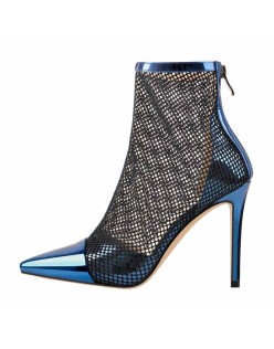 Pointed Toe Hollow Network Patent Leather High Heel Ankle Boots