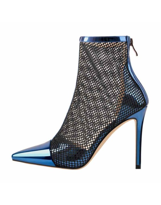 Pointed Toe Hollow Network Patent Leather High Heel Ankle Boots