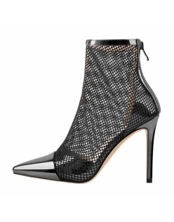 Pointed Toe Hollow Network Patent Leather High Heel Ankle Boots