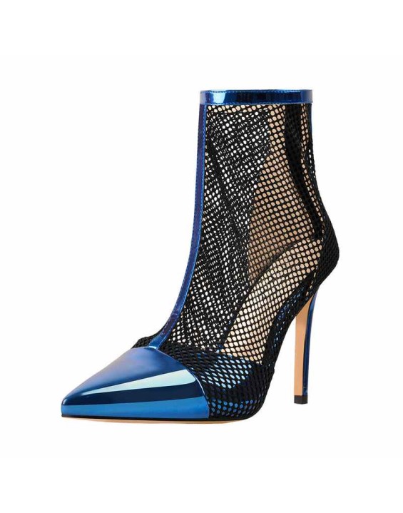 Pointed Toe Hollow Network Patent Leather High Heel Ankle Boots