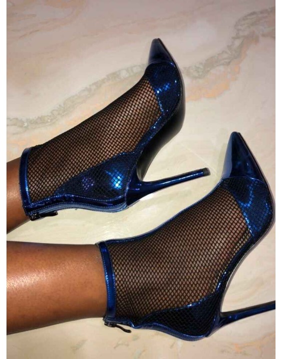 Pointed Toe Hollow Network Patent Leather High Heel Ankle Boots