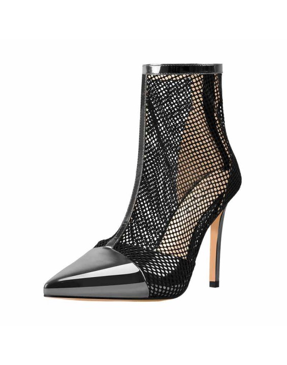 Pointed Toe Hollow Network Patent Leather High Heel Ankle Boots