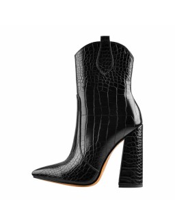 Black  Pointed Toe Chunky Ankle Boots