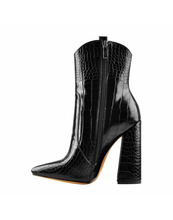 Black  Pointed Toe Chunky Ankle Boots