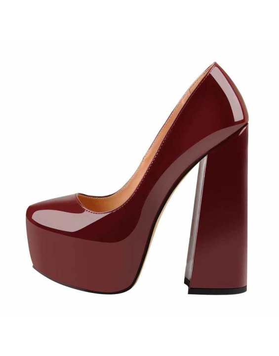 Platform Maroon Pointed Toe Chunky Square High Heels Pumps