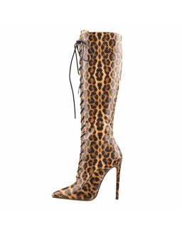 Lace up Leopard Pointed Toe Knee High Boots