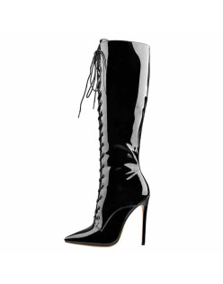 Black Patent Leather Lace Up Pointed Toe Knee High Boots