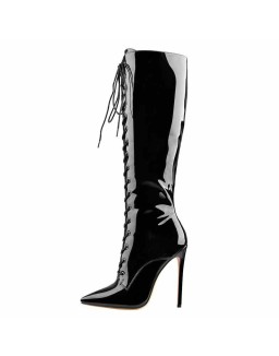 Black Patent Leather Lace Up Pointed Toe Knee High Boots