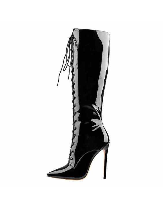 Black Patent Leather Lace Up Pointed Toe Knee High Boots