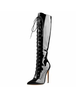 Black Patent Leather Lace Up Pointed Toe Knee High Boots