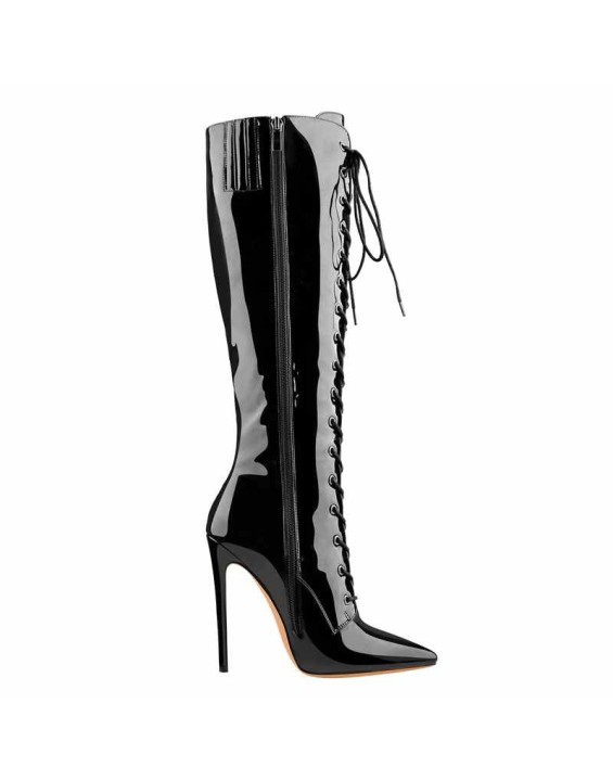 Black Patent Leather Lace Up Pointed Toe Knee High Boots