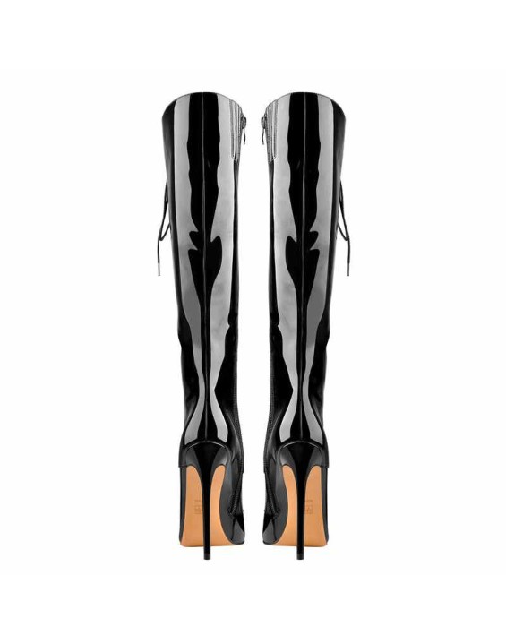 Black Patent Leather Lace Up Pointed Toe Knee High Boots