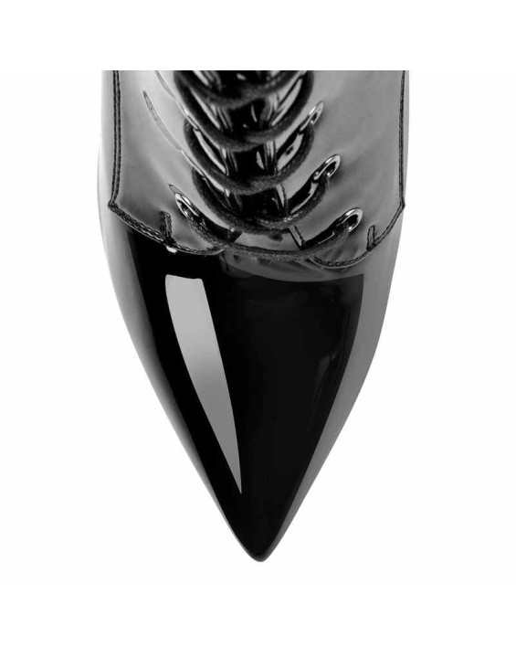Black Patent Leather Lace Up Pointed Toe Knee High Boots