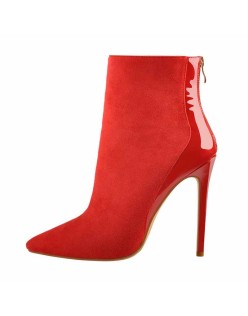 Red Suede Patent Leather Stitching Pointed Toe Ankle boots