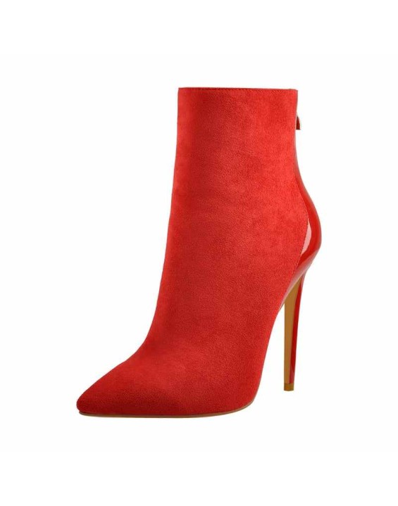 Red Suede Patent Leather Stitching Pointed Toe Ankle boots