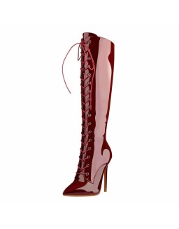 Red Patent Leather Lace Up Pointed Toe Knee High Boots