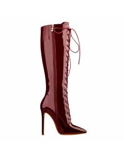 Red Patent Leather Lace Up Pointed Toe Knee High Boots