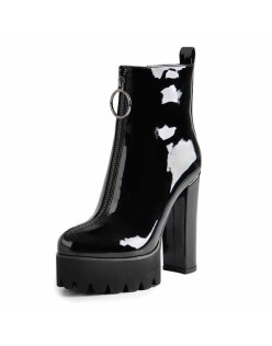 Round Toe Black Patent Leather Platform Chunky High Heel Ankle Boots