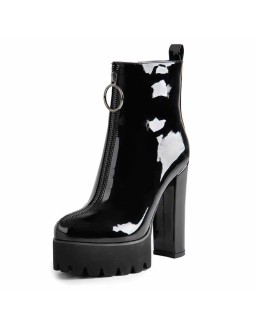 Round Toe Black Patent Leather Platform Chunky High Heel Ankle Boots