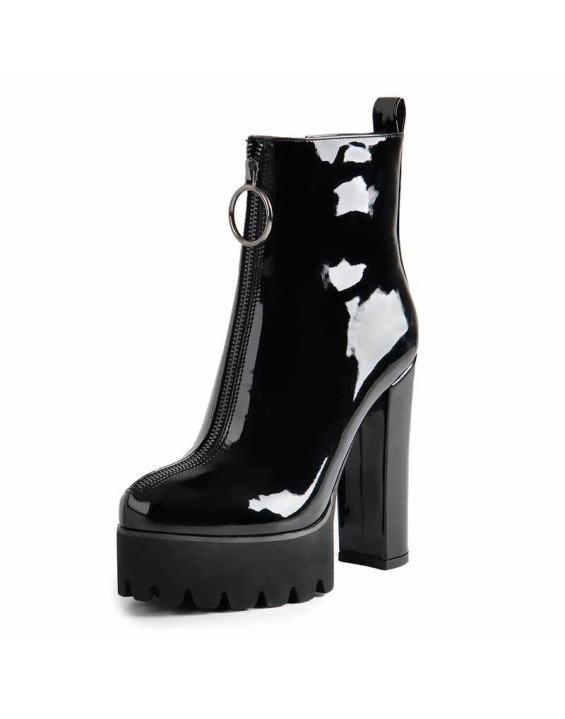 Round Toe Black Patent Leather Platform Chunky High Heel Ankle Boots
