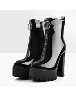 Round Toe Black Patent Leather Platform Chunky High Heel Ankle Boots