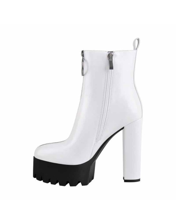 Round Toe Black Patent Leather Platform Chunky High Heel Ankle Boots
