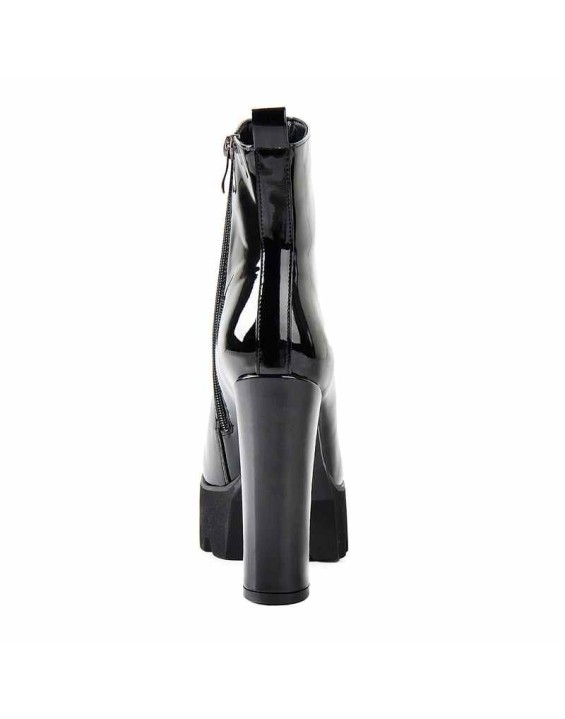 Round Toe Black Patent Leather Platform Chunky High Heel Ankle Boots