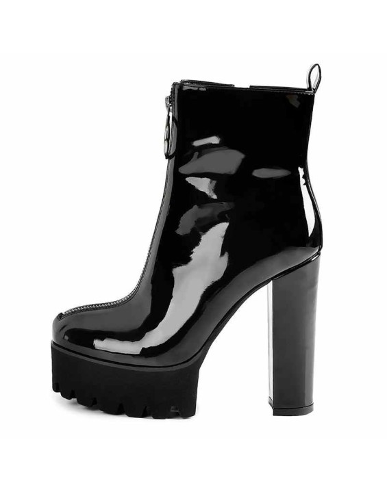 Round Toe Black Patent Leather Platform Chunky High Heel Ankle Boots