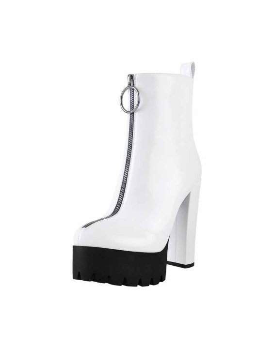 Round Toe Black Patent Leather Platform Chunky High Heel Ankle Boots