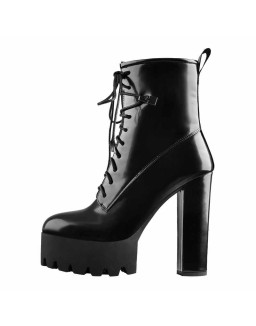 Lace Up Platform Round Toe Chunky Heels Patent Leather Ankle Boots