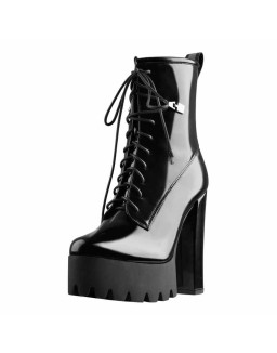 Lace Up Platform Round Toe Chunky Heels Patent Leather Ankle Boots