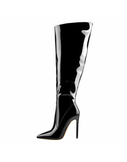 Black Patent Leather Zip Pointed Toe Knee High Boots