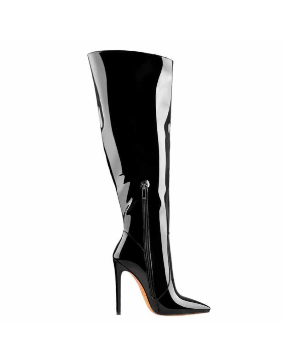 Black Patent Leather Zip Pointed Toe Knee High Boots