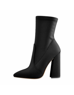 Pointed Toe Minimalistic Stretch Chunky Block High Heels Ankle Booties