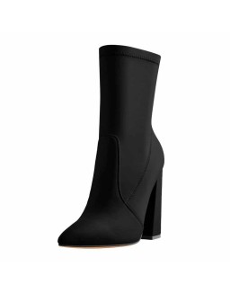 Pointed Toe Minimalistic Stretch Chunky Block High Heels Ankle Booties