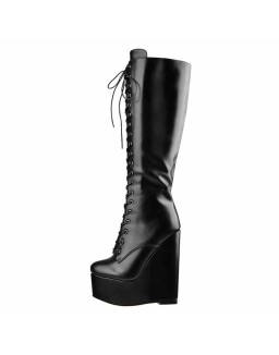 Round Toe Wedge Heel Lace Up Zip Over the Knee Boots