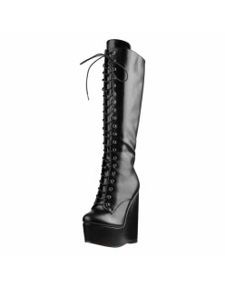 Round Toe Wedge Heel Lace Up Zip Over the Knee Boots