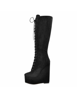 Suede Round Toe Wedge Heel Lace Up Zip Knee High Boots