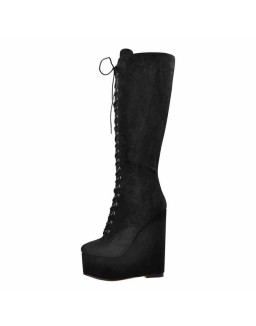 Suede Round Toe Wedge Heel Lace Up Zip Knee High Boots